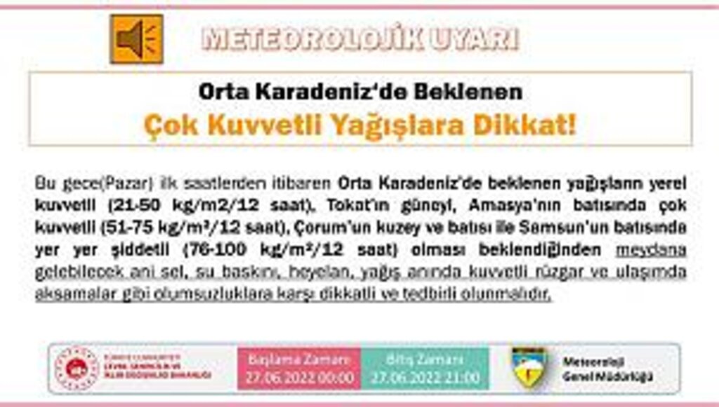 Samsun ve ilçelerine şiddetli yağış ve sel uyarısı